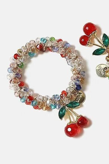Colorful Rhinestone Beaded Hair Tie with Cherry Decoration HA001