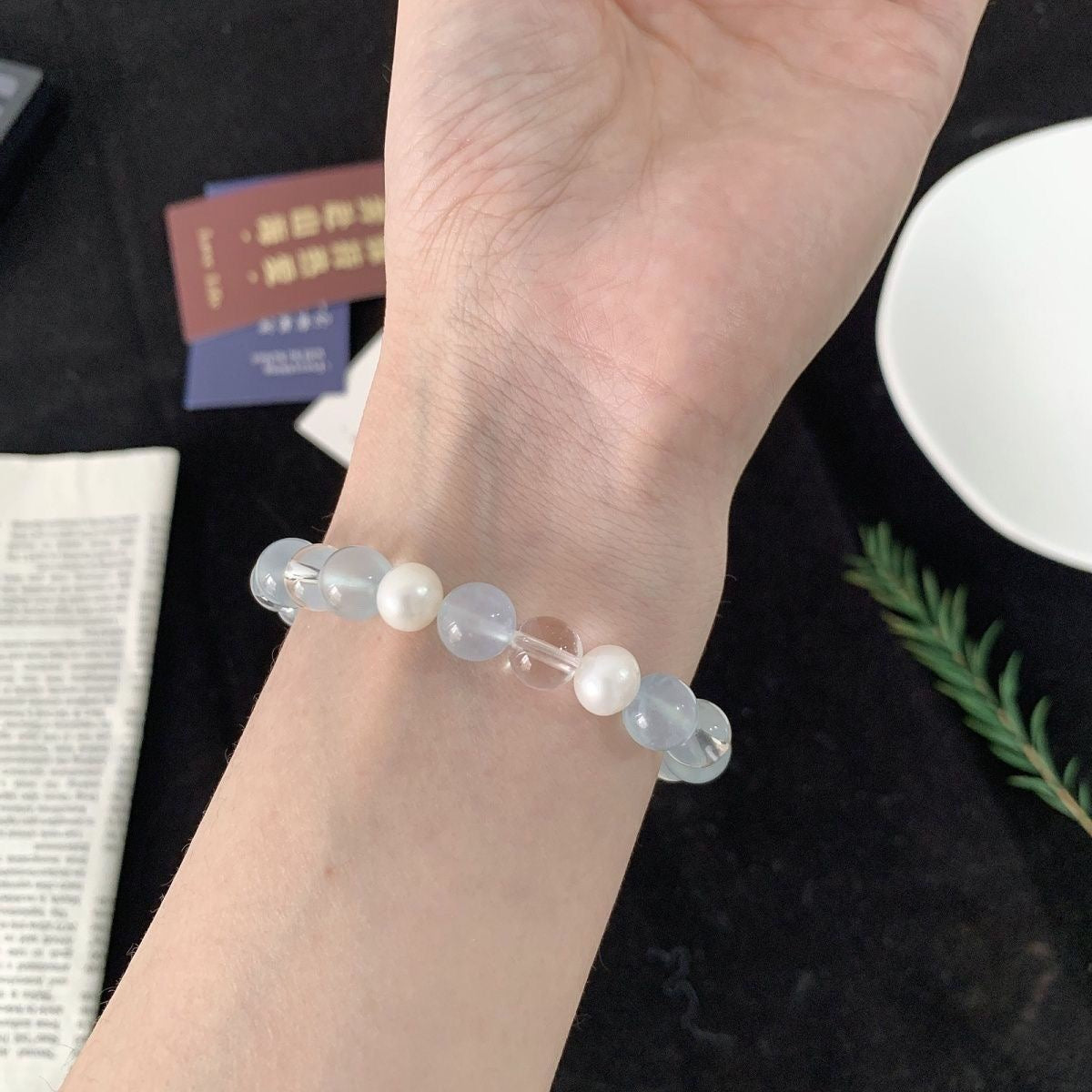 Designer Bracelet with Pearl, Aquamarine and Clear Crystal BR004