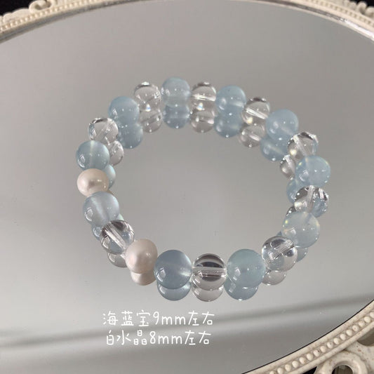 Designer Bracelet with Pearl, Aquamarine and Clear Crystal BR004