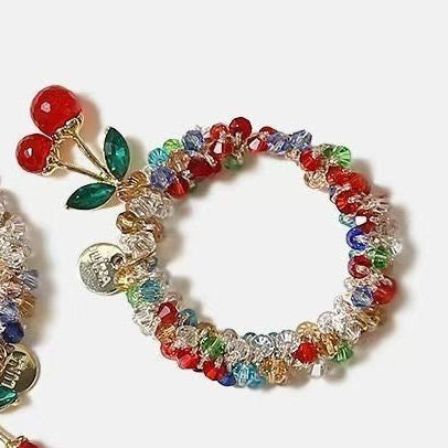 Colorful Rhinestone Beaded Hair Tie with Cherry Decoration HA002